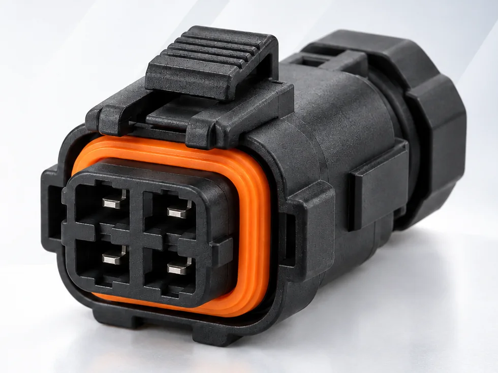 AquaLock X 4極モデル。黒いハウジングの前面にオレンジ色のシリコーンシール、上部にプッシュロックを備える